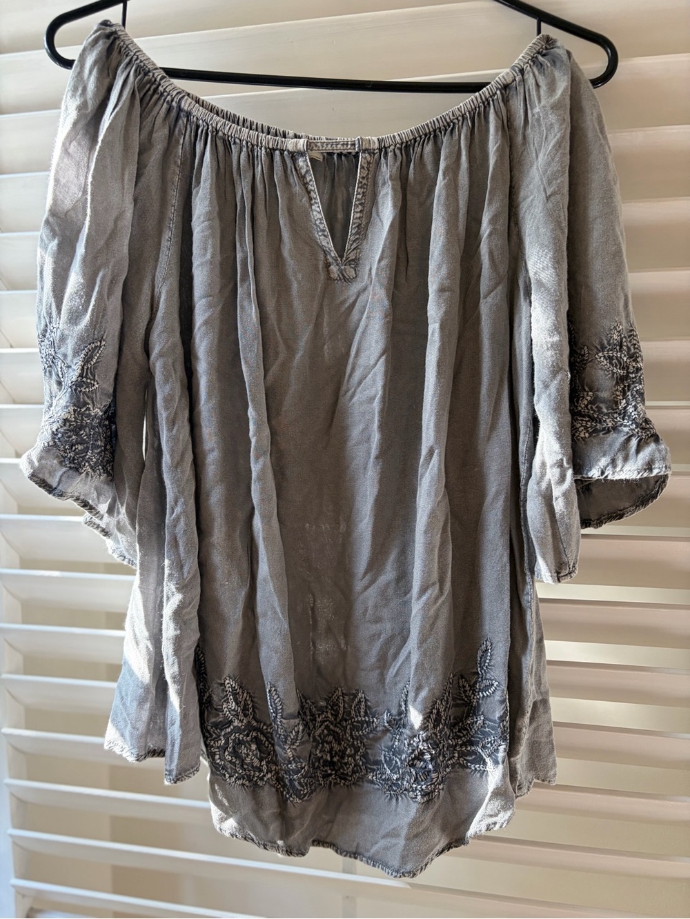 American Vintage Gray Off-Shoulder Embroidered Tunic
